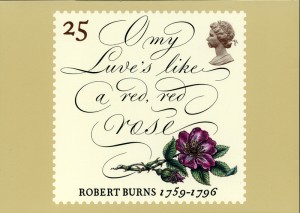 Postage stamp featuring 'O my love is like a red, red rose'